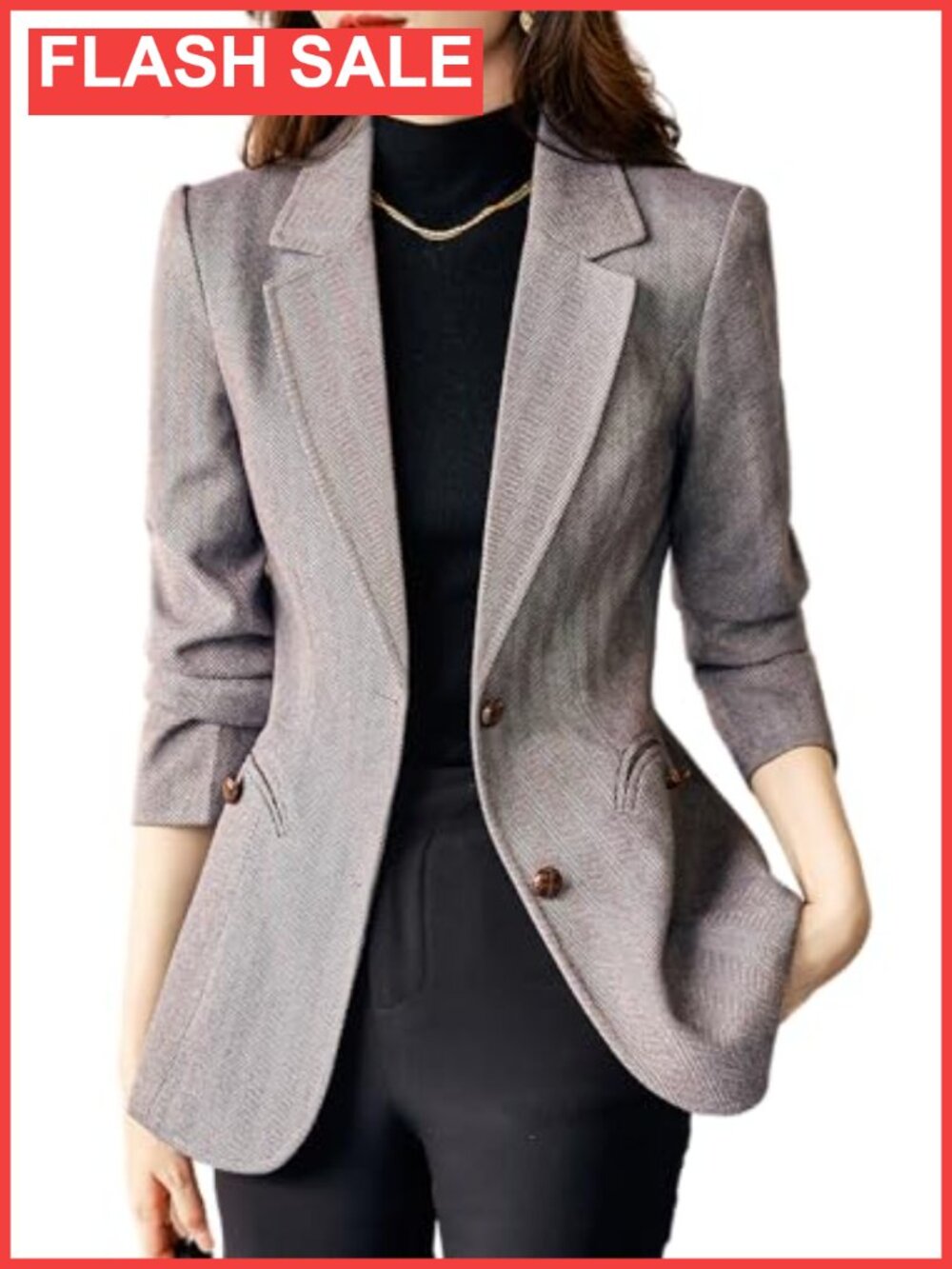 Wool Blend Herringbone Blazer Notch Lapel Slim Fit Business Casual